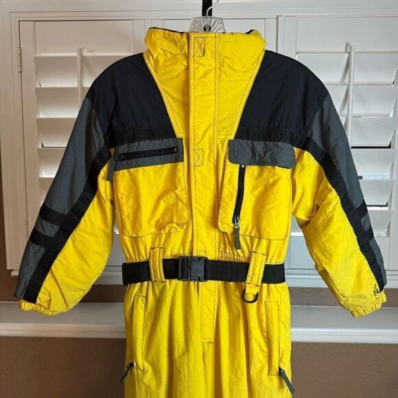 Vintage Sportcaster Size M One Piece Snow Ski Suit Yellow Black Warm Winter 80's - Picture 2 of 9